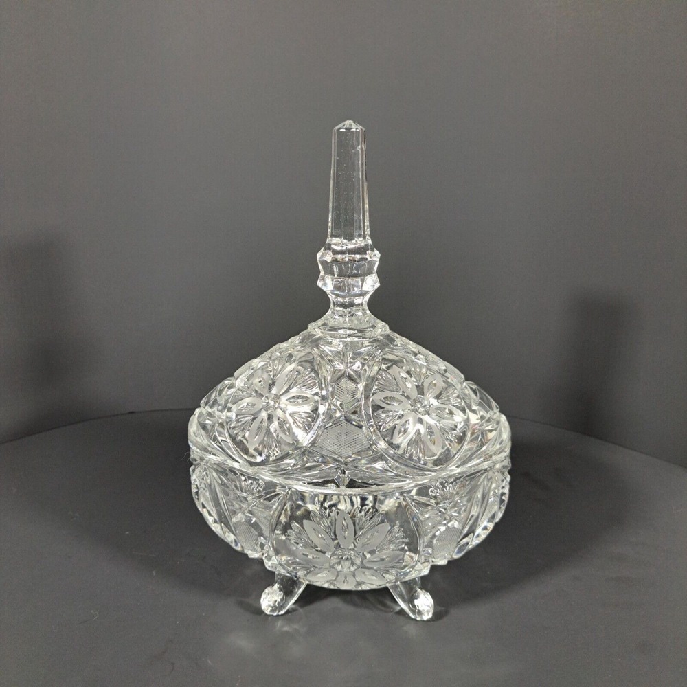 Anna Hutte Bleikristall 24% Lead Crystal Lidded Candy Dish‎ With Floral Etching